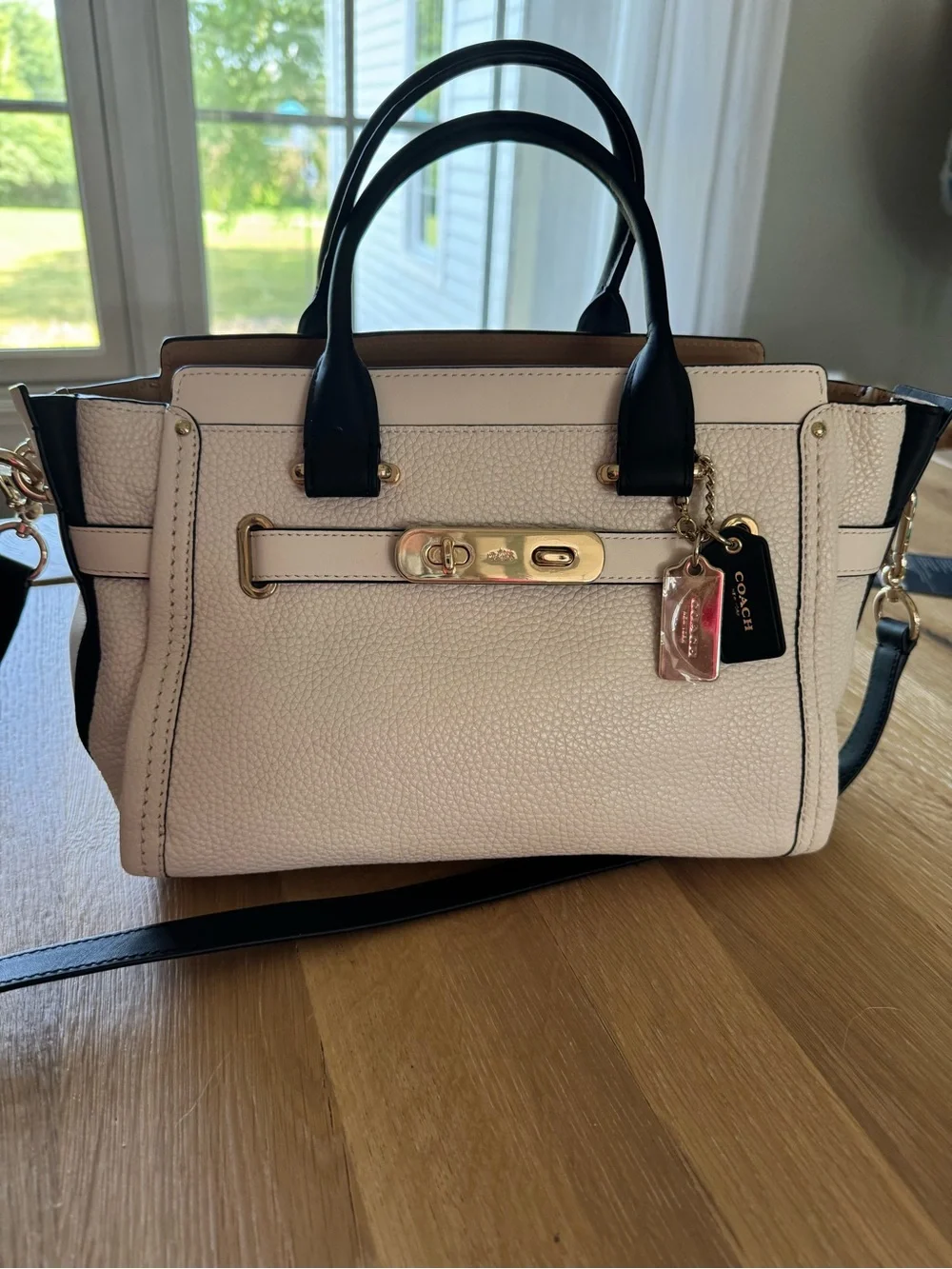Coach Two-Tone Pebbled Leather Satchel in White and Black with Gold Hardware